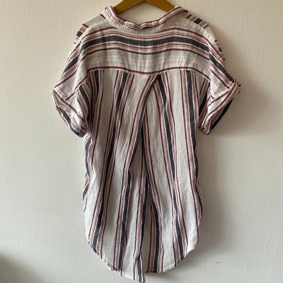 Cest 1946 Blouse Womens Large Striped Button Front Collared Hi Lo Hem Pleated - Picture 8 of 9